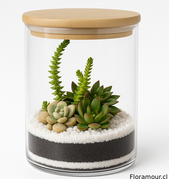 Terrario encapsula un pequeño ecosistema de forma muy elegante y moderna. La composición es visualmente atractiva y demuestra un diseño cuidado, ideal para quienes buscan un toque de naturaleza de bajo mantenimiento en el hogar o la oficina.